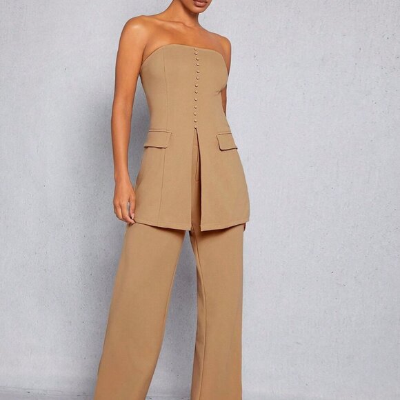 Elegant Women's Button Split Tube Top & Pants Set Camel - Picture 1 of 4